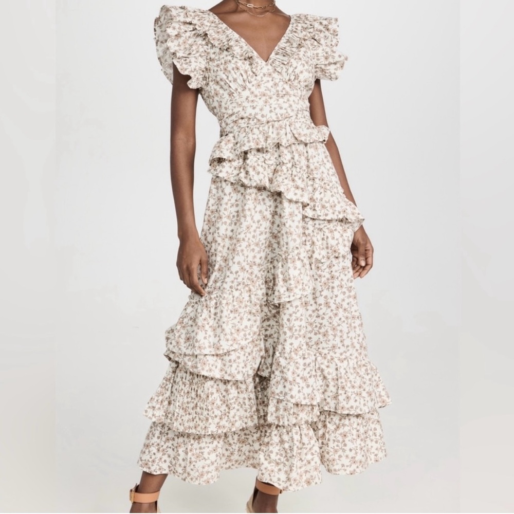 En Saison Cream Floral Ruffle Midi Dress